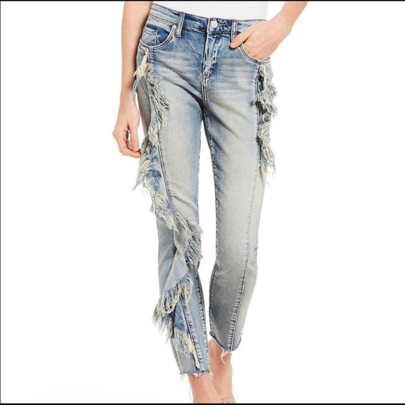 Chelsea & Violet Ruffle Frayed Skinny Jeans